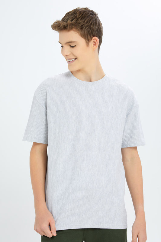 Redtag-Boys-Gery-Mel-Oversize-Jacquard-Tee-BSR-T-Shirts,-Category:T-Shirts,-Colour:Grey,-Deals:New-In,-Dept:Boys,-Filter:Senior-Boys-(8-to-14-Yrs),-New-In-BSR-APL,-Non-Sale,-S23B,-Section:Boys-(0-to-14Yrs),-VLM-Senior-Boys-9 to 14 Years