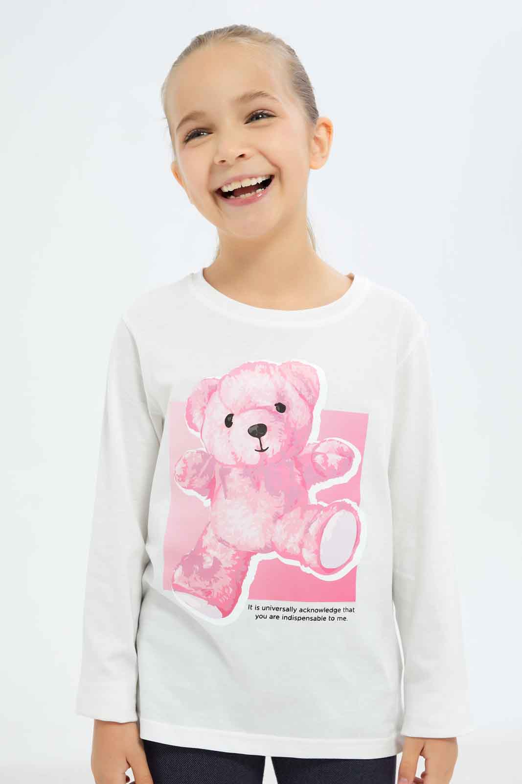 Redtag-Girls-Cream-Teddy-Bear-Tee-Category:T-Shirts,-Colour:Cream,-Deals:New-In,-Dept:Girls,-Filter:Girls-(2-to-8-Yrs),-GIR-T-Shirts,-New-In-GIR-APL,-Non-Sale,-S23A,-Section:Girls-(0-to-14Yrs)-Girls-2 to 8 Years