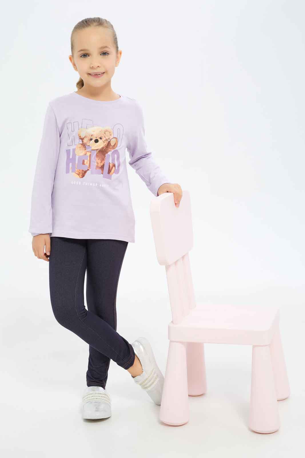 Redtag-Girls-Lilac-Teddy-Bear-Tee-Category:T-Shirts,-Colour:Lilac,-Deals:New-In,-Dept:Girls,-Filter:Girls-(2-to-8-Yrs),-GIR-T-Shirts,-New-In-GIR-APL,-Non-Sale,-S23A,-Section:Girls-(0-to-14Yrs)-Girls-2 to 8 Years