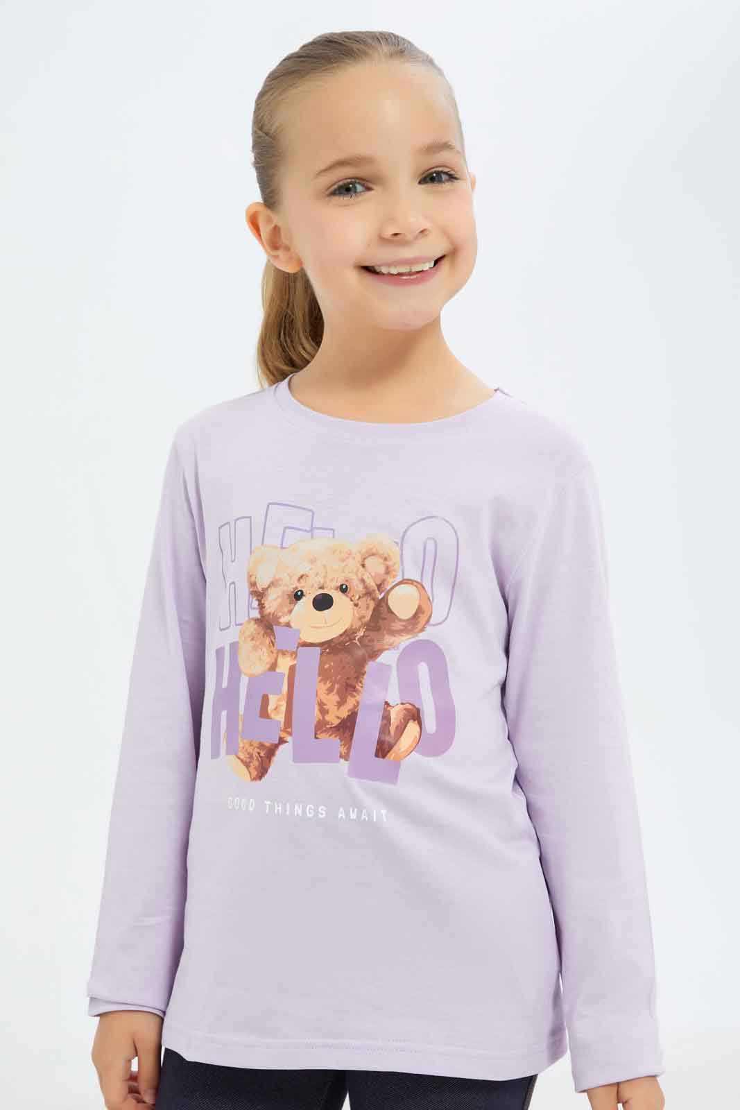 Redtag-Girls-Lilac-Teddy-Bear-Tee-Category:T-Shirts,-Colour:Lilac,-Deals:New-In,-Dept:Girls,-Filter:Girls-(2-to-8-Yrs),-GIR-T-Shirts,-New-In-GIR-APL,-Non-Sale,-S23A,-Section:Girls-(0-to-14Yrs)-Girls-2 to 8 Years
