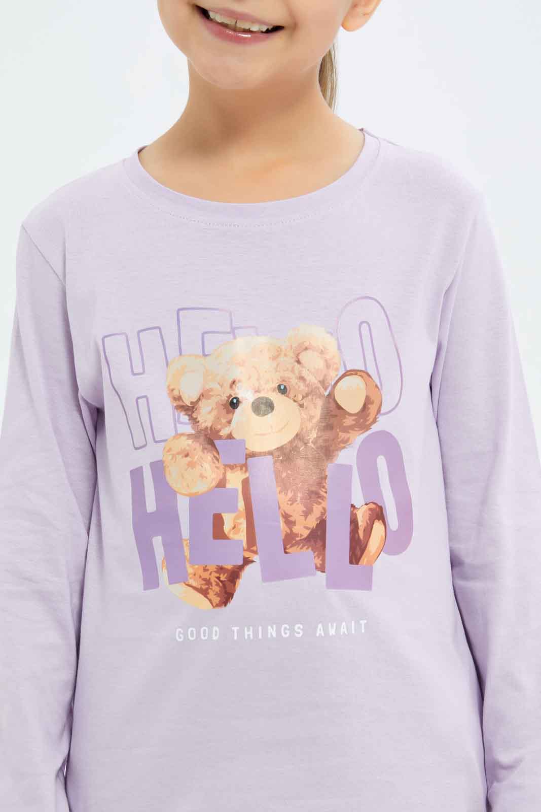 Redtag-Girls-Lilac-Teddy-Bear-Tee-Category:T-Shirts,-Colour:Lilac,-Deals:New-In,-Dept:Girls,-Filter:Girls-(2-to-8-Yrs),-GIR-T-Shirts,-New-In-GIR-APL,-Non-Sale,-S23A,-Section:Girls-(0-to-14Yrs)-Girls-2 to 8 Years