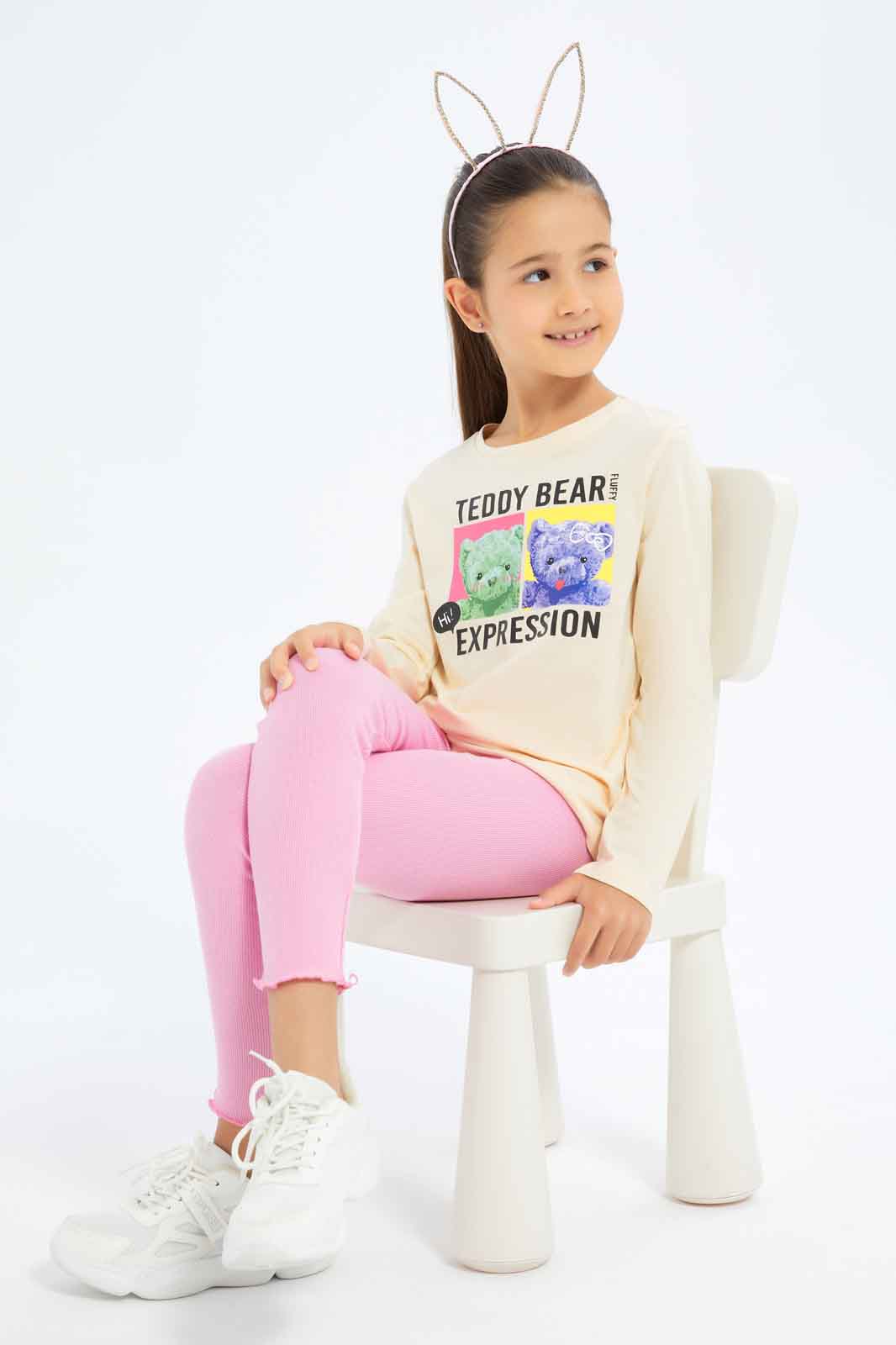 Redtag-Girls-Beige-Teddy-Bear-Tee-Category:T-Shirts,-Colour:Beige,-Deals:New-In,-Dept:Girls,-Filter:Girls-(2-to-8-Yrs),-GIR-T-Shirts,-New-In-GIR-APL,-Non-Sale,-S23A,-Section:Girls-(0-to-14Yrs)-Girls-2 to 8 Years