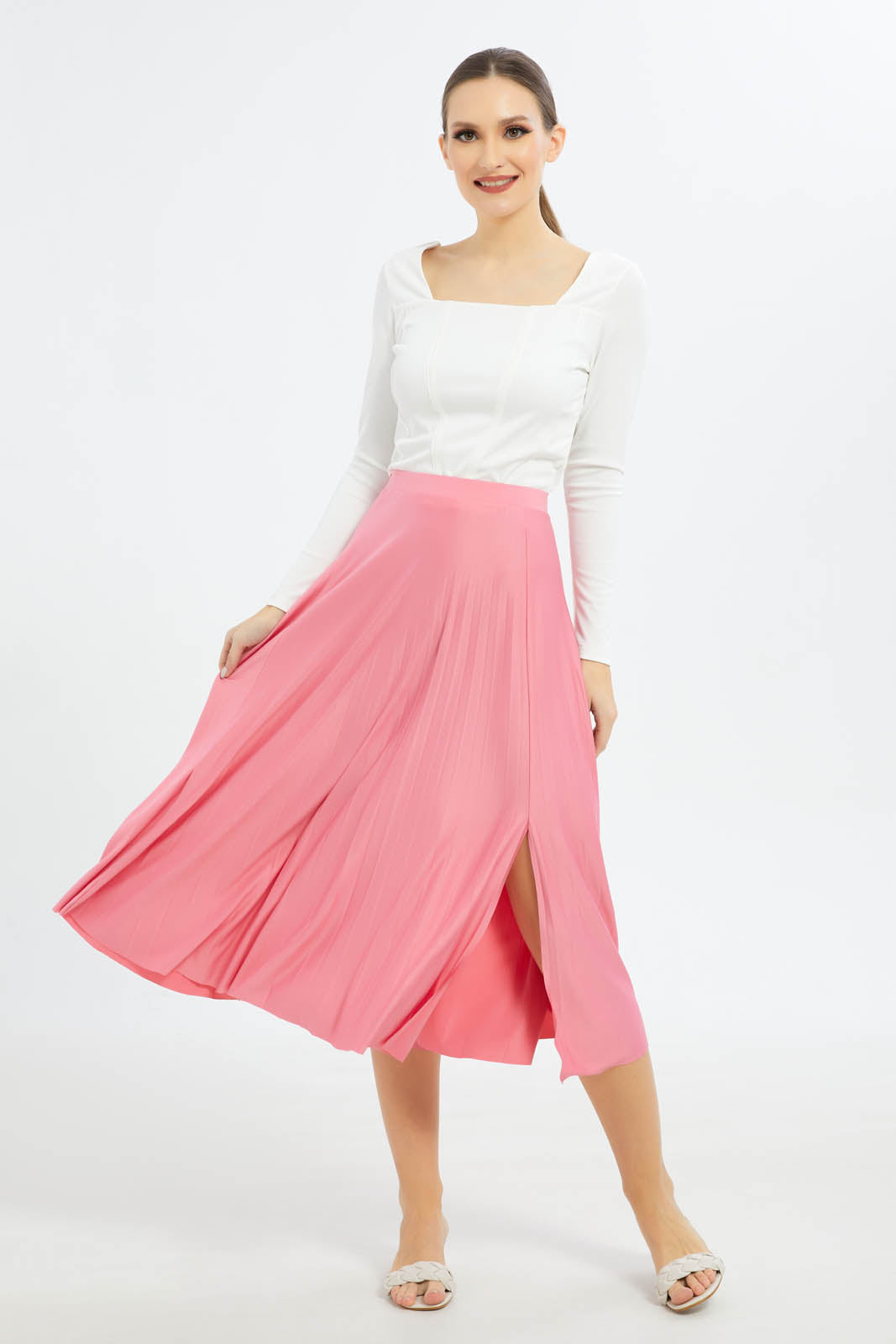 Redtag-Women-Pleated-Skirt-Category:Skirts,-Colour:Apricot,-Deals:New-In,-Dept:Ladieswear,-Filter:Women's-Clothing,-New-In-Women-APL,-Non-Sale,-S23B,-Section:Women,-Women-Skirts-Women's-