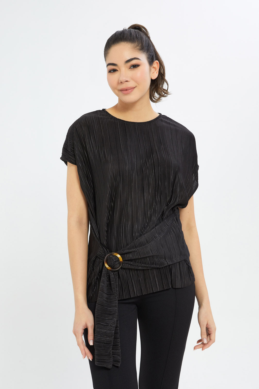 Redtag-Women-Belted-Plisse-Top-Category:Blouses,-Colour:Black,-Deals:New-In,-Dept:Ladieswear,-Filter:Women's-Clothing,-H1:LWR,-H2:LAD,-H3:BLO,-H4:CBL,-New-In-Women-APL,-Non-Sale,-S23B,-Season:S23B,-Section:Women,-Women-Blouses-Women's-