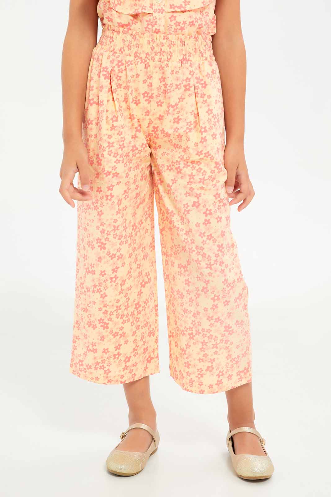 Redtag-Girls-Wideleg-Poplin-Trouser---Co-Ord-Pink-Floral-Category:Trousers,-Colour:Apricot,-Deals:New-In,-Dept:Girls,-Filter:Girls-(2-to-8-Yrs),-GIR-Trousers,-New-In-GIR-APL,-Non-Sale,-S23B,-Section:Girls-(0-to-14Yrs)-Girls-2 to 8 Years