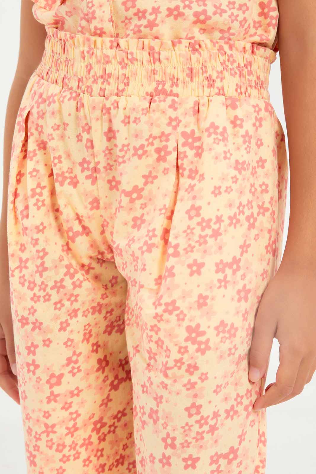 Redtag-Girls-Wideleg-Poplin-Trouser---Co-Ord-Pink-Floral-Category:Trousers,-Colour:Apricot,-Deals:New-In,-Dept:Girls,-Filter:Girls-(2-to-8-Yrs),-GIR-Trousers,-New-In-GIR-APL,-Non-Sale,-S23B,-Section:Girls-(0-to-14Yrs)-Girls-2 to 8 Years