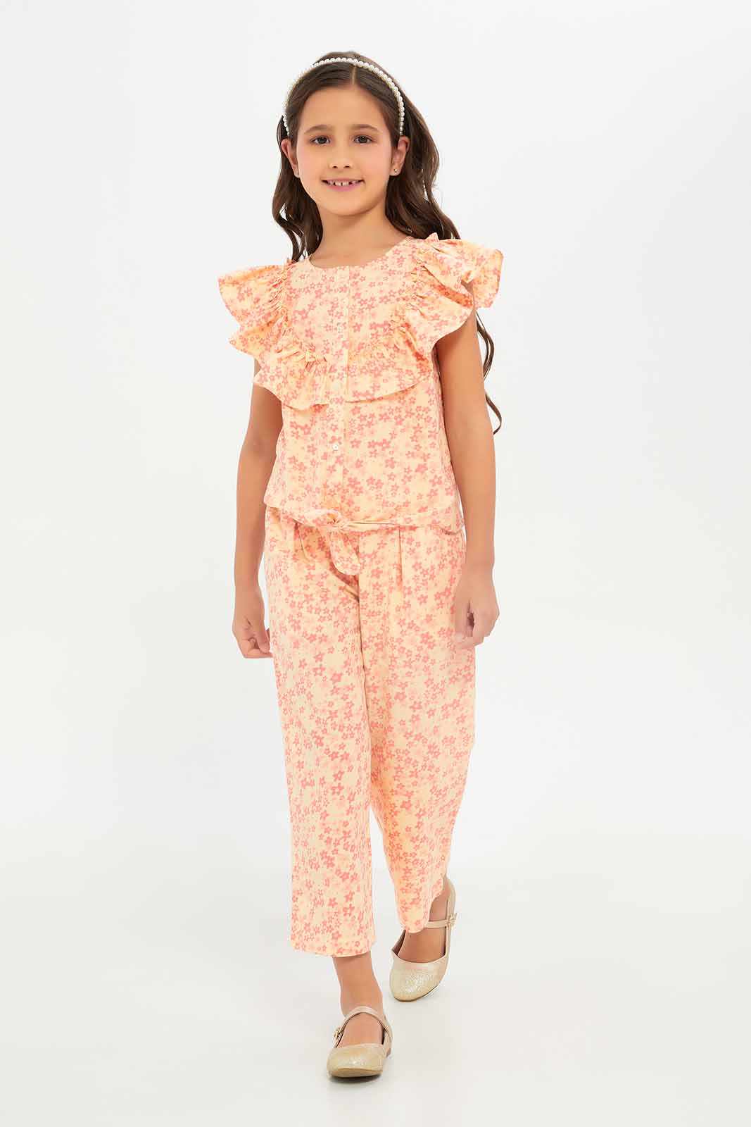 Redtag-Girls-Wideleg-Poplin-Trouser---Co-Ord-Pink-Floral-Category:Trousers,-Colour:Apricot,-Deals:New-In,-Dept:Girls,-Filter:Girls-(2-to-8-Yrs),-GIR-Trousers,-New-In-GIR-APL,-Non-Sale,-S23B,-Section:Girls-(0-to-14Yrs)-Girls-2 to 8 Years
