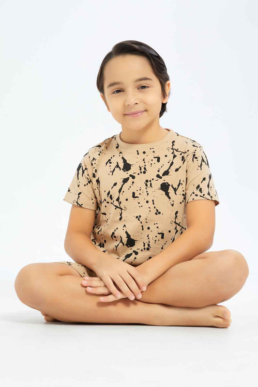 Redtag-Boys-Dark-Brown-Splat-Print-Pyjama-Set-BOY-Pyjama-Sets,-Category:Pyjama-Sets,-Colour:Brown,-Deals:New-In,-Dept:Boys,-Filter:Boys-(2-to-8-Yrs),-New-In-BOY-APL,-Non-Sale,-S23B,-Section:Boys-(0-to-14Yrs)-Boys-2 to 8 Years