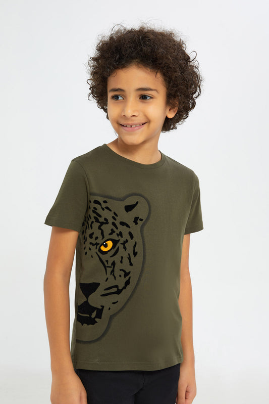 Redtag-Boys-Olive-T--Shirt-With-Flock-Placement-Print-BOY-T-Shirts,-Category:T-Shirts,-CHA,-Colour:Olive,-Deals:New-In,-Dept:Boys,-Filter:Boys-(2-to-8-Yrs),-H1:KWR,-H2:BOY,-H3:TSH,-H4:TSH,-New-In-BOY-APL,-Non-Sale,-RMD,-S23B,-Season:S23D,-Section:Boys-(0-to-14Yrs)-Boys-2 to 8 Years