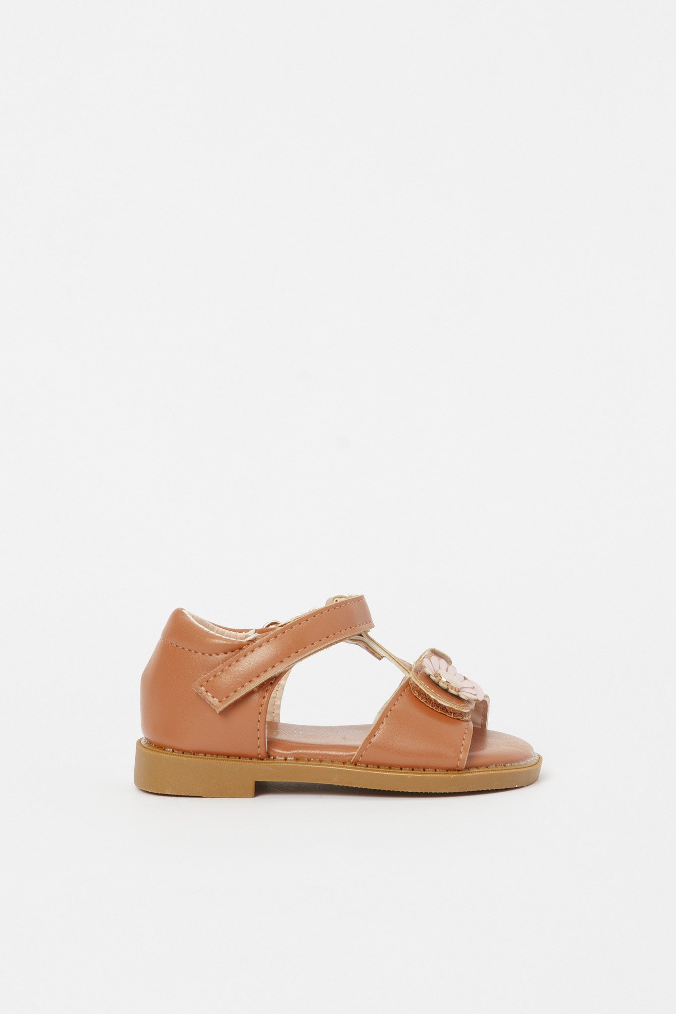 Redtag-Brown-Floral-Trim-Sandal-Category:Shoes,-Colour:Brown,-Deals:New-In,-Filter:Girls-Footwear-(1-to-3-Yrs),-H1:FOO,-H2:ING,-H3:SHO,-H4:CAH,-ING-Shoes,-N/A,-New-In-ING-FOO,-Non-Sale,-S23B,-Season:S23B,-Section:Girls-(0-to-14Yrs)-Infant-Girls-1 to 3 Years