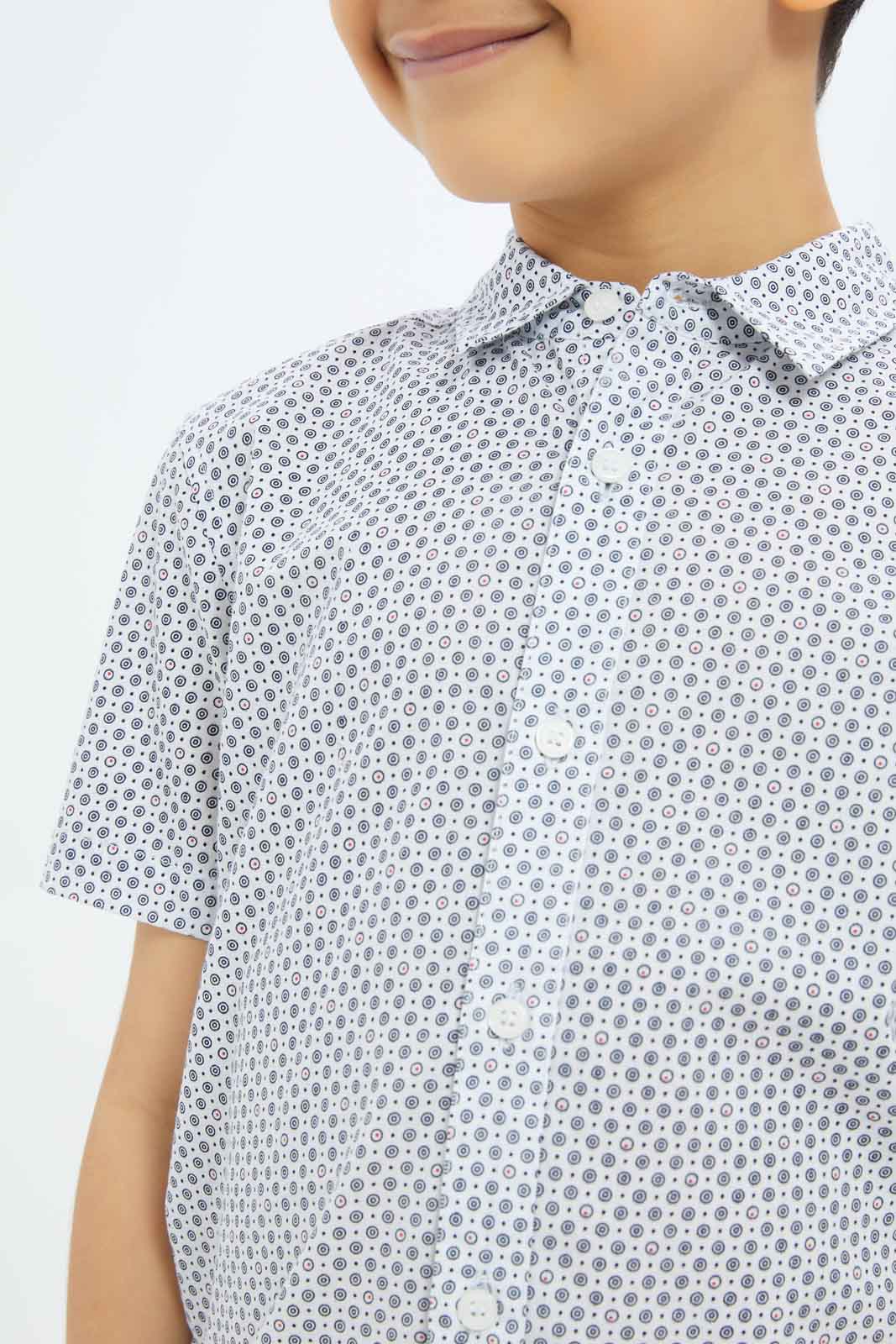 Redtag-Boys-White-Print-Short-Sleeve-Shirt-BOY-Shirts,-Category:Shirts,-Colour:White,-Deals:New-In,-Dept:Boys,-Filter:Boys-(2-to-8-Yrs),-New-In-BOY-APL,-Non-Sale,-S23C,-Section:Boys-(0-to-14Yrs)-Boys-2 to 8 Years
