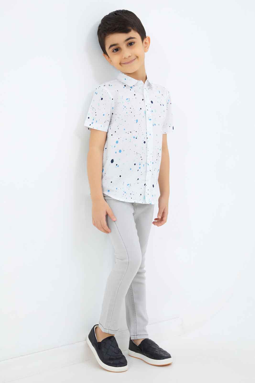 Redtag-Boys-White-Paint-Splat-Short-Sleeve-Shirt-BOY-Shirts,-Category:Shirts,-Colour:White,-Deals:New-In,-Dept:Boys,-Filter:Boys-(2-to-8-Yrs),-New-In-BOY-APL,-Non-Sale,-S23C,-Section:Boys-(0-to-14Yrs)-Boys-2 to 8 Years