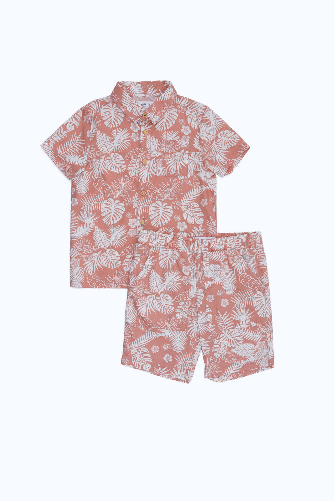Redtag-Boys-Coral-Leave-Print-Woven-Shirt-And-Shorts-2-Pcs-Set-Set-Category:Sets,-Colour:Orange,-Deals:New-In,-Dept:Boys,-Filter:Infant-Boys-(3-to-24-Mths),-H1:KWR,-H2:INB,-H3:SET,-H4:CAE,-INB-Sets,-New-In-INB-APL,-Non-Sale,-Packs,-S23B,-Season:S23B,-Section:Boys-(0-to-14Yrs),-Set:Set-of-2-Infant-Boys-3 to 24 Months