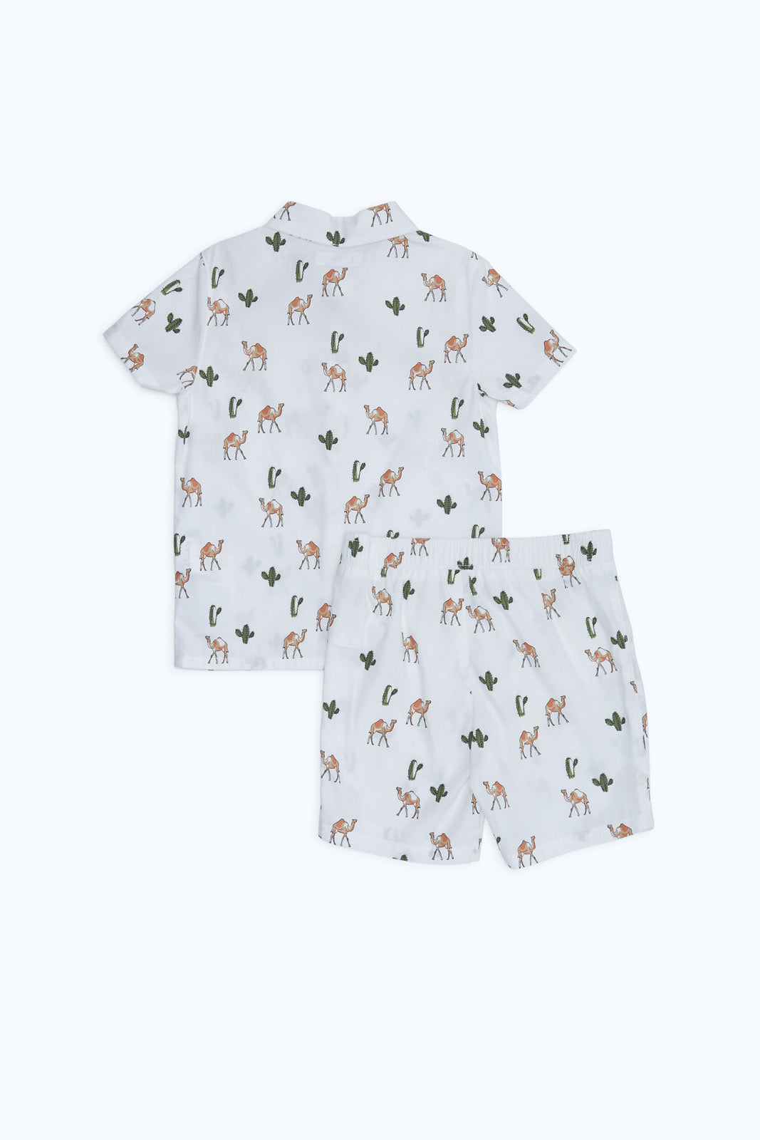 Redtag-Boys-White-Camel-Print-Woven-Shirt-And-Shorts-2-Pcs-Set-Set-Category:Sets,-Colour:White,-Deals:New-In,-Dept:Boys,-Filter:Infant-Boys-(3-to-24-Mths),-H1:KWR,-H2:INB,-H3:SET,-H4:CAE,-INB-Sets,-New-In-INB-APL,-Non-Sale,-Packs,-S23B,-Season:S23B,-Section:Boys-(0-to-14Yrs),-Set:Set-of-2-Infant-Boys-3 to 24 Months