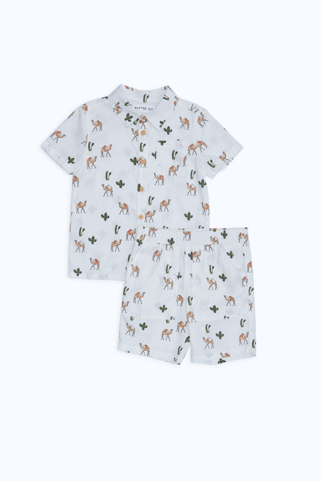 Redtag-Boys-White-Camel-Print-Woven-Shirt-And-Shorts-2-Pcs-Set-Set-Category:Sets,-Colour:White,-Deals:New-In,-Dept:Boys,-Filter:Infant-Boys-(3-to-24-Mths),-H1:KWR,-H2:INB,-H3:SET,-H4:CAE,-INB-Sets,-New-In-INB-APL,-Non-Sale,-Packs,-S23B,-Season:S23B,-Section:Boys-(0-to-14Yrs),-Set:Set-of-2-Infant-Boys-3 to 24 Months