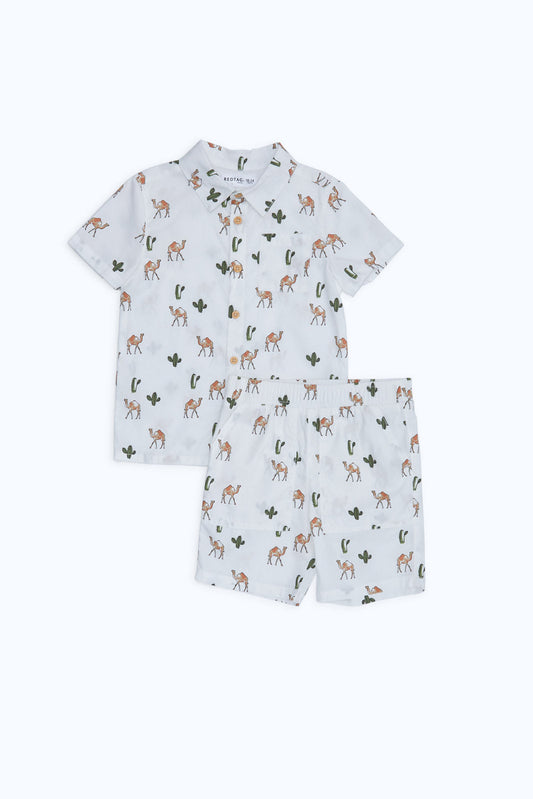 Redtag-Boys-White-Camel-Print-Woven-Shirt-And-Shorts-2-Pcs-Set-Set-Category:Sets,-Colour:White,-Deals:New-In,-Dept:Boys,-Filter:Infant-Boys-(3-to-24-Mths),-H1:KWR,-H2:INB,-H3:SET,-H4:CAE,-INB-Sets,-New-In-INB-APL,-Non-Sale,-Packs,-S23B,-Season:S23B,-Section:Boys-(0-to-14Yrs),-Set:Set-of-2-Infant-Boys-3 to 24 Months