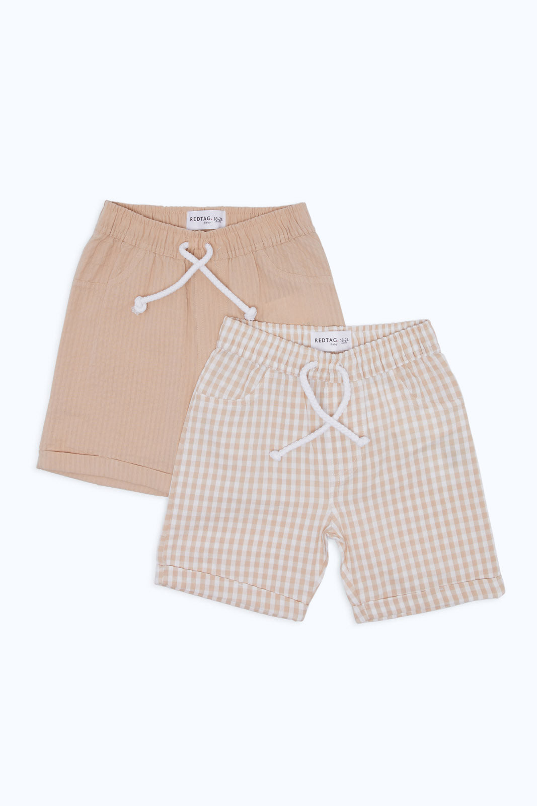 Redtag-Boys-Beige/White-2-Pack-Pack-Searsucker-Trs-Shorts-Category:Shorts,-Colour:Beige,-Deals:New-In,-Dept:Boys,-Filter:Infant-Boys-(3-to-24-Mths),-H1:KWR,-H2:INB,-H3:TRS,-H4:SRT,-INB-Shorts,-New-In-INB-APL,-Non-Sale,-RMD,-S23C,-Season:S23C,-Section:Boys-(0-to-14Yrs)-Infant-Boys-3 to 24 Months