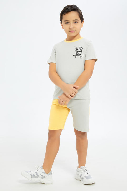 Redtag-Boys-Light-Grey-Print-T-Shirt-And-Panaled-Shorts-Set-BOY-Sets,-Category:Sets,-Colour:Grey,-Deals:New-In,-Dept:Boys,-Filter:Boys-(2-to-8-Yrs),-New-In-BOY-APL,-Non-Sale,-S23B,-Section:Boys-(0-to-14Yrs)-Boys-2 to 8 Years