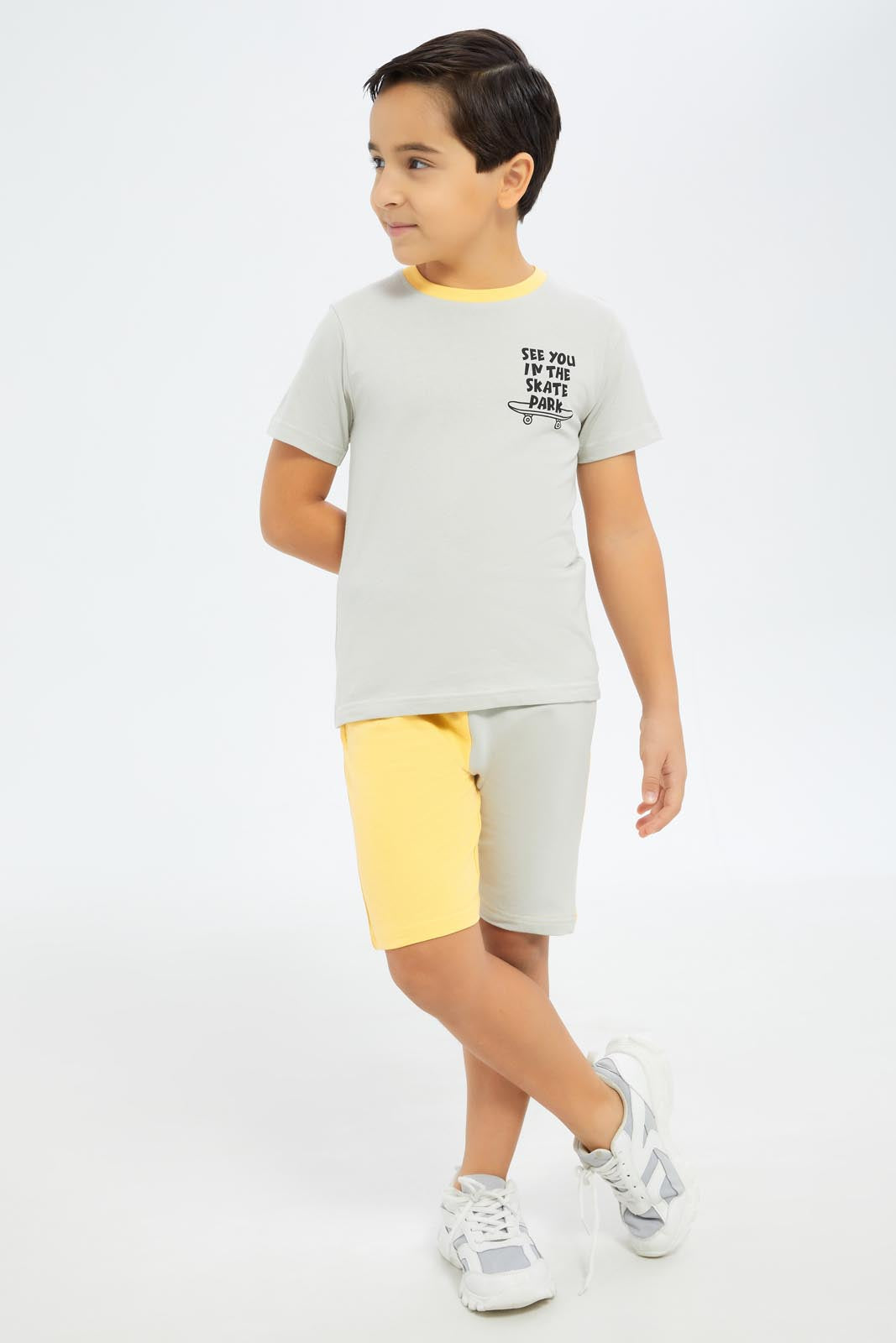 Redtag-Boys-Light-Grey-Print-T-Shirt-And-Panaled-Shorts-Set-BOY-Sets,-Category:Sets,-Colour:Grey,-Deals:New-In,-Dept:Boys,-Filter:Boys-(2-to-8-Yrs),-New-In-BOY-APL,-Non-Sale,-S23B,-Section:Boys-(0-to-14Yrs)-Boys-2 to 8 Years