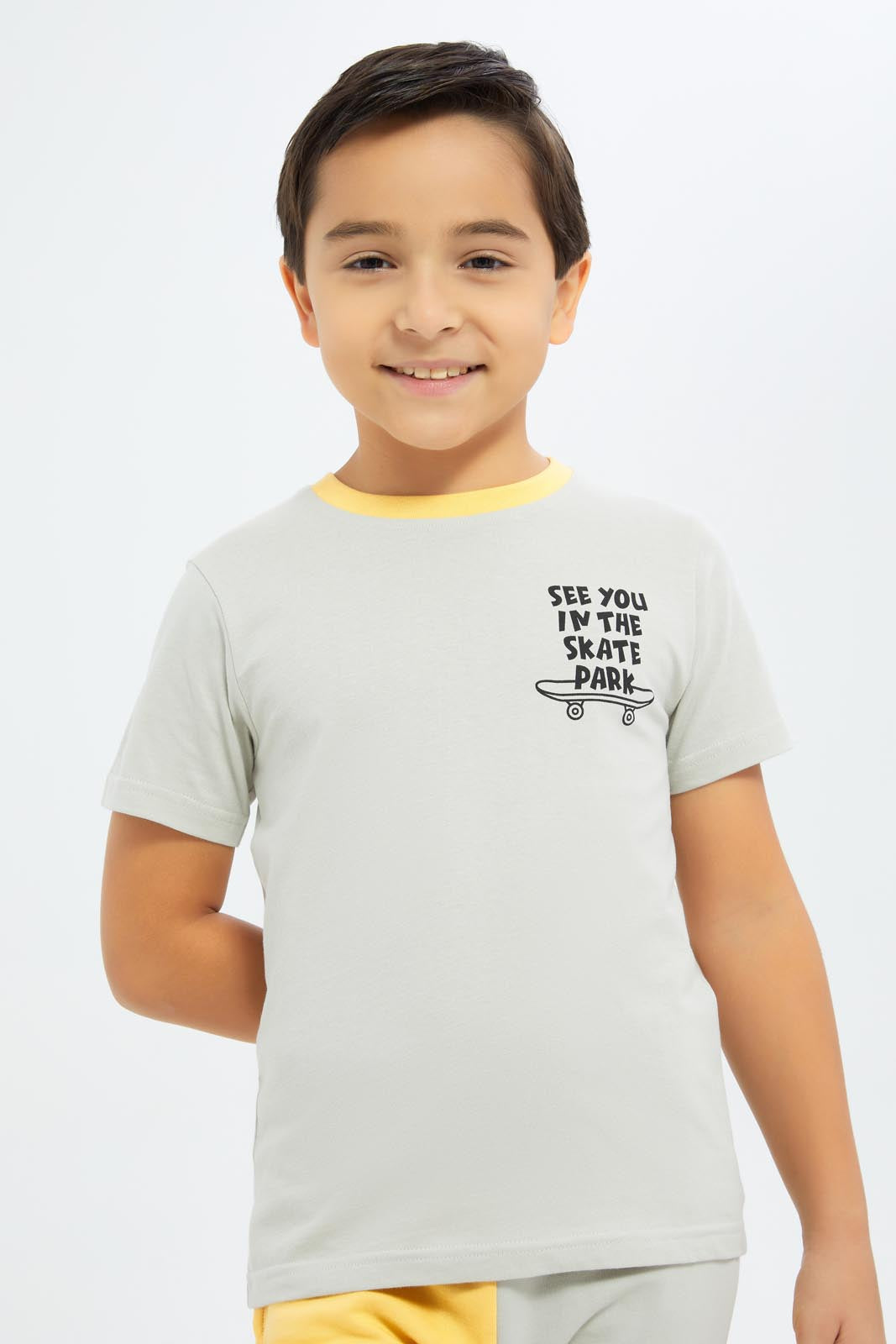 Redtag-Boys-Light-Grey-Print-T-Shirt-And-Panaled-Shorts-Set-BOY-Sets,-Category:Sets,-Colour:Grey,-Deals:New-In,-Dept:Boys,-Filter:Boys-(2-to-8-Yrs),-New-In-BOY-APL,-Non-Sale,-S23B,-Section:Boys-(0-to-14Yrs)-Boys-2 to 8 Years