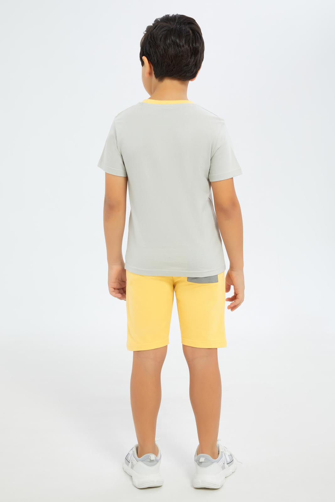 Redtag-Boys-Light-Grey-Print-T-Shirt-And-Panaled-Shorts-Set-BOY-Sets,-Category:Sets,-Colour:Grey,-Deals:New-In,-Dept:Boys,-Filter:Boys-(2-to-8-Yrs),-New-In-BOY-APL,-Non-Sale,-S23B,-Section:Boys-(0-to-14Yrs)-Boys-2 to 8 Years