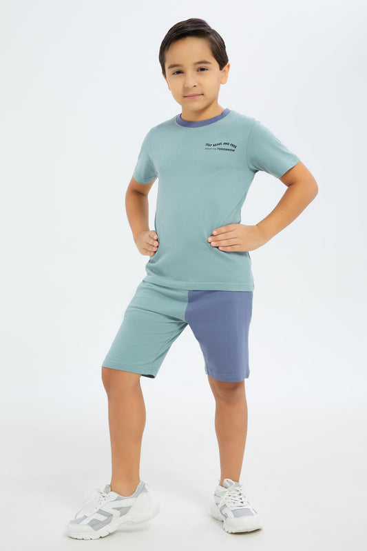 Redtag-Boys-Pale-Green-Print-T-Shirt-And-Panaled-Shorts-Set-BOY-Sets,-Category:Sets,-Colour:Green,-Deals:New-In,-Dept:Boys,-Filter:Boys-(2-to-8-Yrs),-New-In-BOY-APL,-Non-Sale,-S23B,-Section:Boys-(0-to-14Yrs)-Boys-2 to 8 Years
