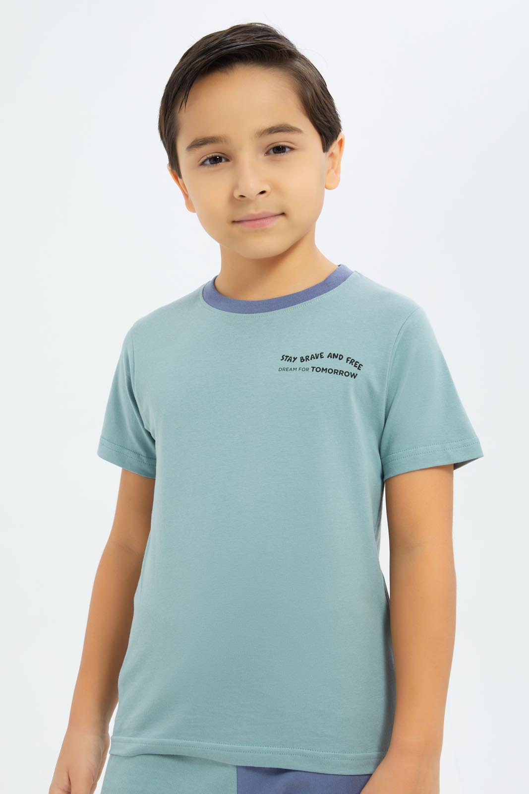Redtag-Boys-Pale-Green-Print-T-Shirt-And-Panaled-Shorts-Set-BOY-Sets,-Category:Sets,-Colour:Green,-Deals:New-In,-Dept:Boys,-Filter:Boys-(2-to-8-Yrs),-New-In-BOY-APL,-Non-Sale,-S23B,-Section:Boys-(0-to-14Yrs)-Boys-2 to 8 Years