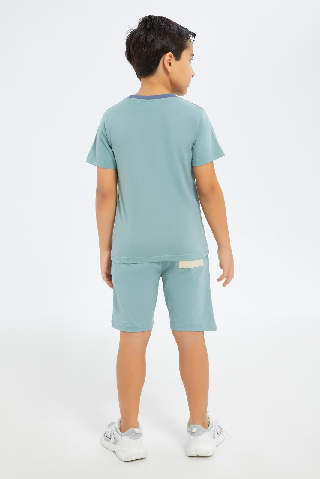 Redtag-Boys-Pale-Green-Print-T-Shirt-And-Panaled-Shorts-Set-BOY-Sets,-Category:Sets,-Colour:Green,-Deals:New-In,-Dept:Boys,-Filter:Boys-(2-to-8-Yrs),-New-In-BOY-APL,-Non-Sale,-S23B,-Section:Boys-(0-to-14Yrs)-Boys-2 to 8 Years