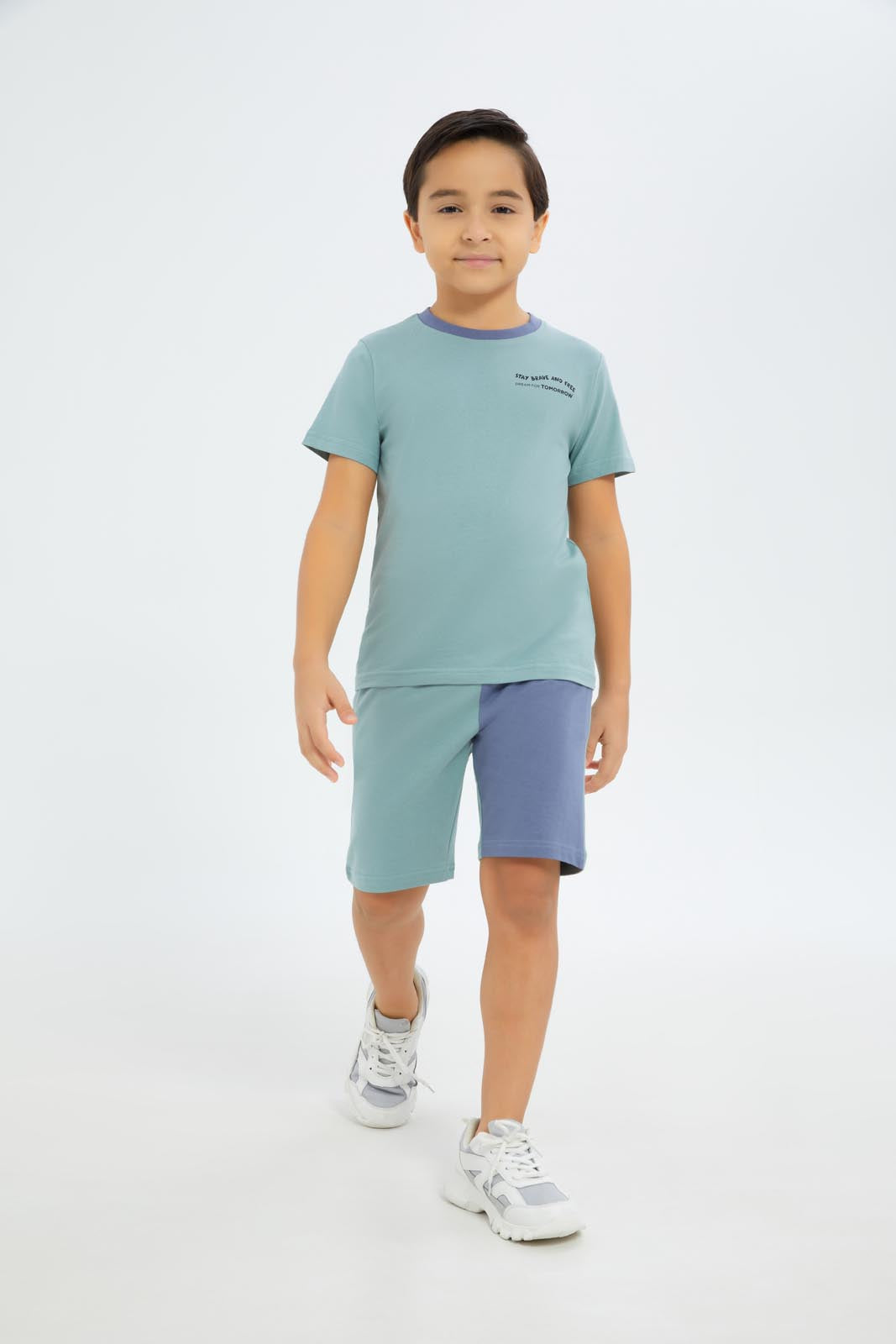 Redtag-Boys-Pale-Green-Print-T-Shirt-And-Panaled-Shorts-Set-BOY-Sets,-Category:Sets,-Colour:Green,-Deals:New-In,-Dept:Boys,-Filter:Boys-(2-to-8-Yrs),-New-In-BOY-APL,-Non-Sale,-S23B,-Section:Boys-(0-to-14Yrs)-Boys-2 to 8 Years