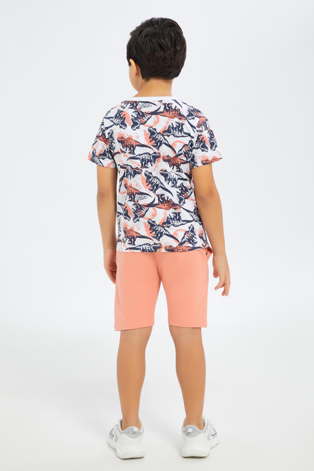 Redtag-Boys-Coral-Dino-Print-T-Shirt-And-Shorts-Set-BOY-Sets,-Category:Sets,-Colour:Red,-Deals:New-In,-Dept:Boys,-Filter:Boys-(2-to-8-Yrs),-New-In-BOY-APL,-Non-Sale,-S23B,-Section:Boys-(0-to-14Yrs)-Boys-2 to 8 Years