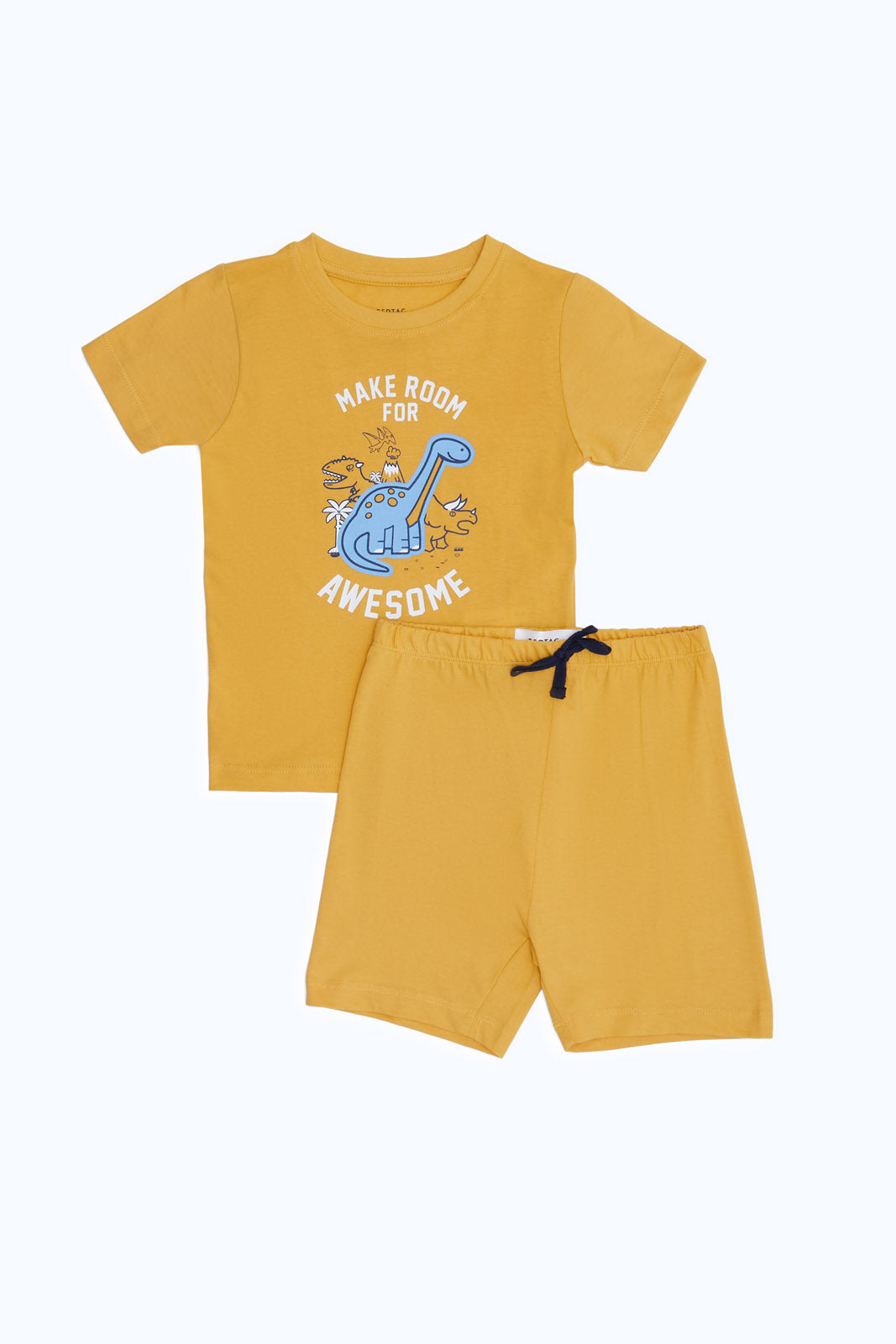 Redtag-Boys-Mustard-Dion-2-Pk-Tee-And-Short-Pj-Set-Category:Pyjama-Sets,-Colour:Mustard,-Deals:2-FOR-49,-Deals:New-In,-Dept:Boys,-Filter:Infant-Boys-(3-to-24-Mths),-H1:KWR,-H2:INB,-H3:NWR,-H4:PJS,-INB-Pyjama-Sets,-New-In-INB-APL,-Non-Sale,-S23B,-Season:S23B,-Section:Boys-(0-to-14Yrs)-Infant-Boys-3 to 24 Months