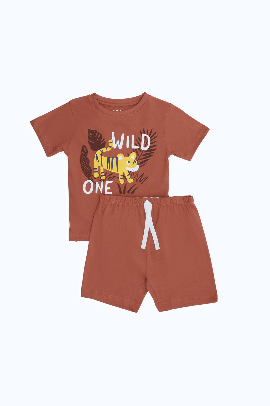 Redtag-Boys-Rust-Tiger-2-Pk-Tee-And-Short-Pj-Set-Category:Pyjama-Sets,-Colour:Orange,-Deals:2-FOR-49,-Deals:New-In,-Dept:Boys,-Filter:Infant-Boys-(3-to-24-Mths),-H1:KWR,-H2:INB,-H3:NWR,-H4:PJS,-INB-Pyjama-Sets,-New-In-INB-APL,-Non-Sale,-S23B,-Season:S23B,-Section:Boys-(0-to-14Yrs)-Infant-Boys-3 to 24 Months