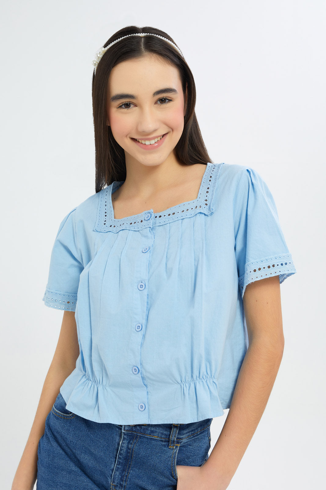 Redtag-Girls-Blue-Square-Neck-Crop-Top-Category:Blouses,-Colour:Blue,-Deals:New-In,-Dept:Girls,-Filter:Senior-Girls-(8-to-14-Yrs),-GSR-Blouses,-H1:KWR,-H2:GSR,-H3:BLO,-H4:CBL,-New-In-GSR-APL,-Non-Sale,-S23B,-Season:S23B,-Section:Girls-(0-to-14Yrs)-Senior-Girls-9 to 14 Years
