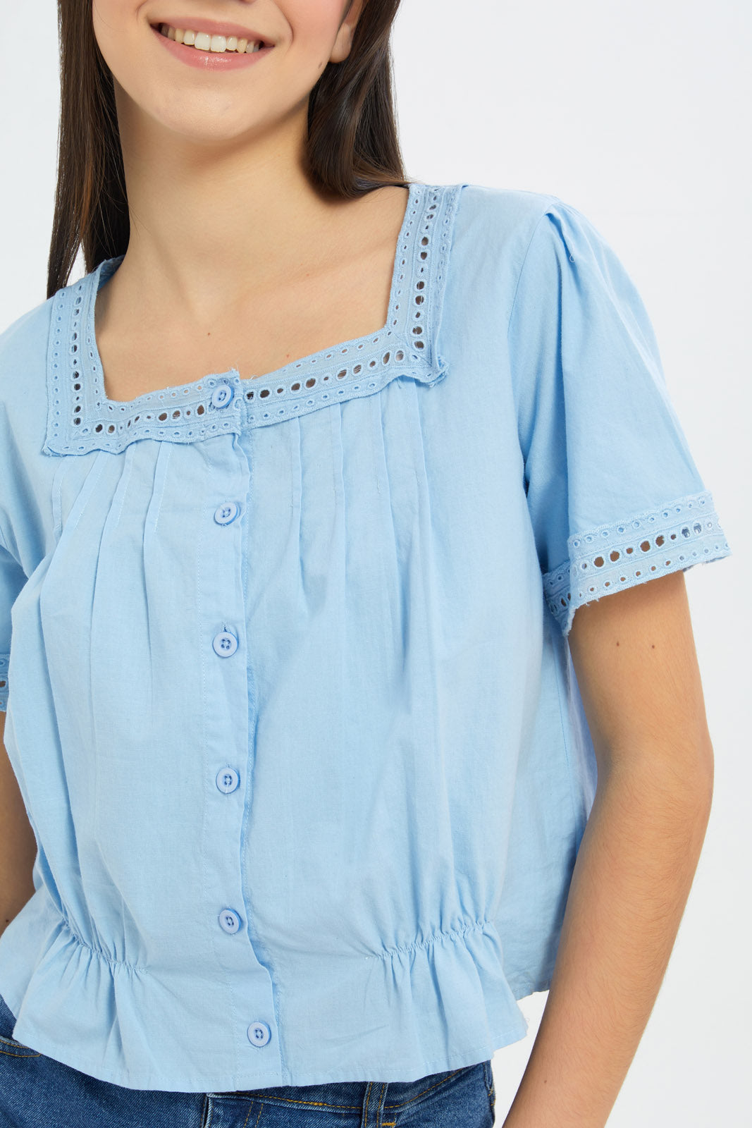 Redtag-Girls-Blue-Square-Neck-Crop-Top-Category:Blouses,-Colour:Blue,-Deals:New-In,-Dept:Girls,-Filter:Senior-Girls-(8-to-14-Yrs),-GSR-Blouses,-H1:KWR,-H2:GSR,-H3:BLO,-H4:CBL,-New-In-GSR-APL,-Non-Sale,-S23B,-Season:S23B,-Section:Girls-(0-to-14Yrs)-Senior-Girls-9 to 14 Years