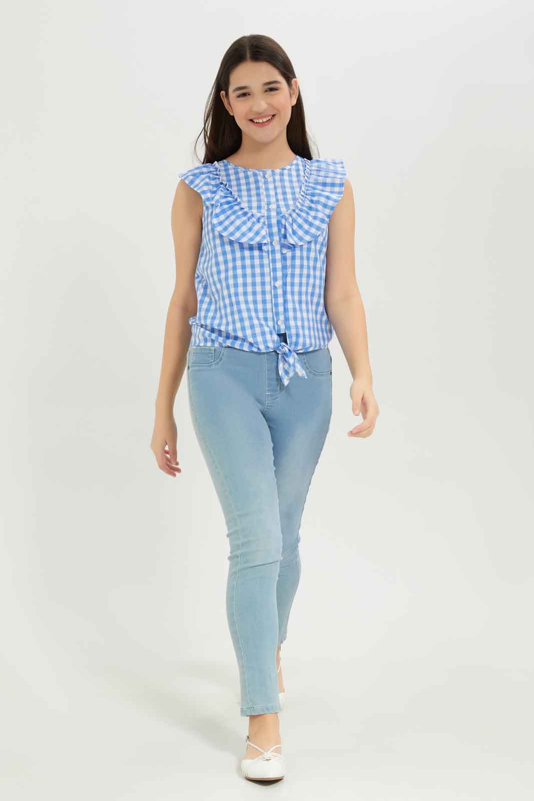 Redtag-Girls-Blue/White-Ruffled-Gingham-Checks-Front-Tie-Blouse-Category:Blouses,-Colour:Blue,-Deals:New-In,-Dept:Girls,-Filter:Senior-Girls-(8-to-14-Yrs),-GSR-Blouses,-New-In-GSR-APL,-Non-Sale,-S23C,-Section:Girls-(0-to-14Yrs)-Senior-Girls-9 to 14 Years