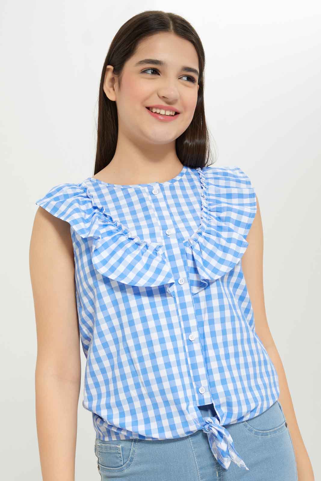 Redtag-Girls-Blue/White-Ruffled-Gingham-Checks-Front-Tie-Blouse-Category:Blouses,-Colour:Blue,-Deals:New-In,-Dept:Girls,-Filter:Senior-Girls-(8-to-14-Yrs),-GSR-Blouses,-New-In-GSR-APL,-Non-Sale,-S23C,-Section:Girls-(0-to-14Yrs)-Senior-Girls-9 to 14 Years