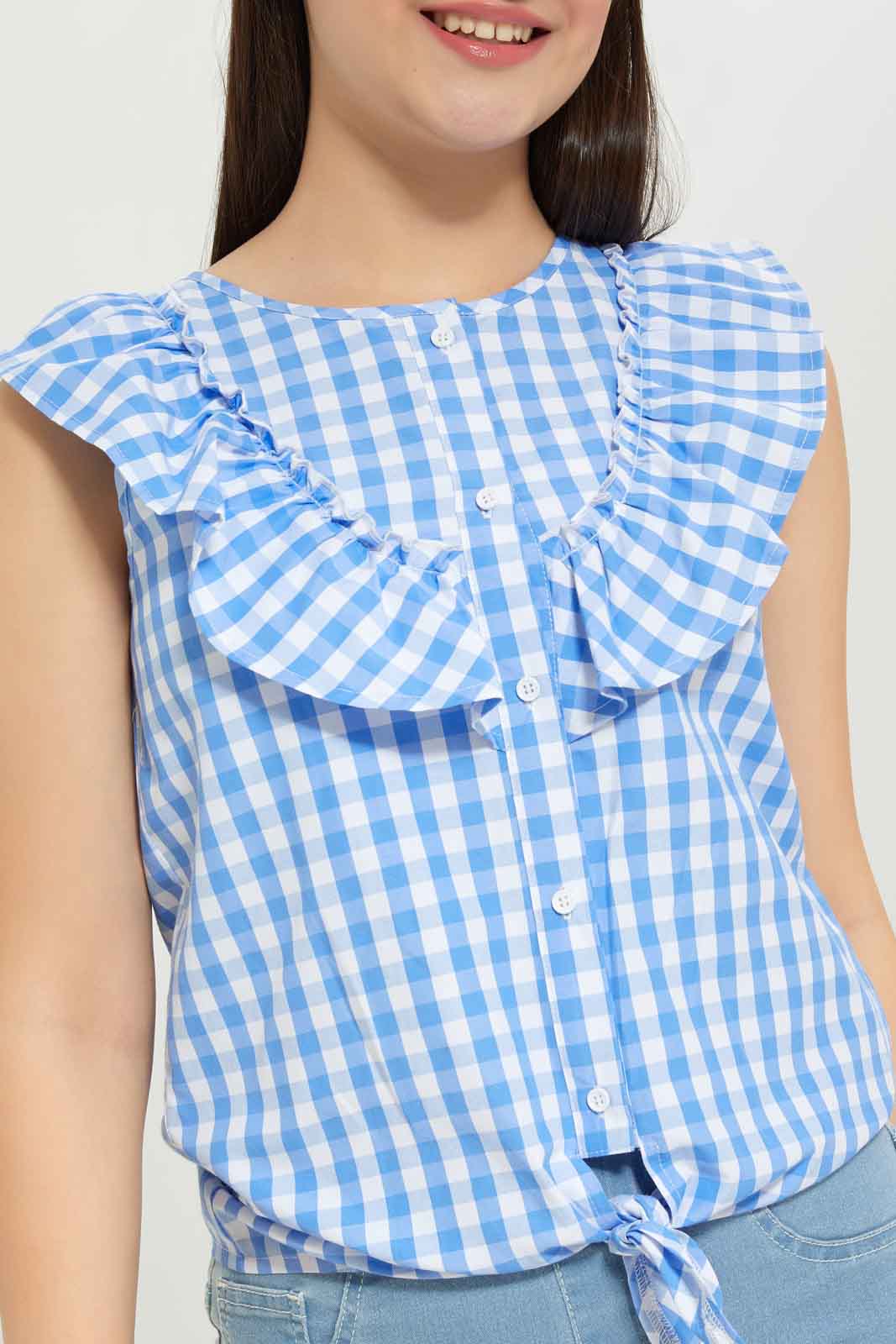 Redtag-Girls-Blue/White-Ruffled-Gingham-Checks-Front-Tie-Blouse-Category:Blouses,-Colour:Blue,-Deals:New-In,-Dept:Girls,-Filter:Senior-Girls-(8-to-14-Yrs),-GSR-Blouses,-New-In-GSR-APL,-Non-Sale,-S23C,-Section:Girls-(0-to-14Yrs)-Senior-Girls-9 to 14 Years