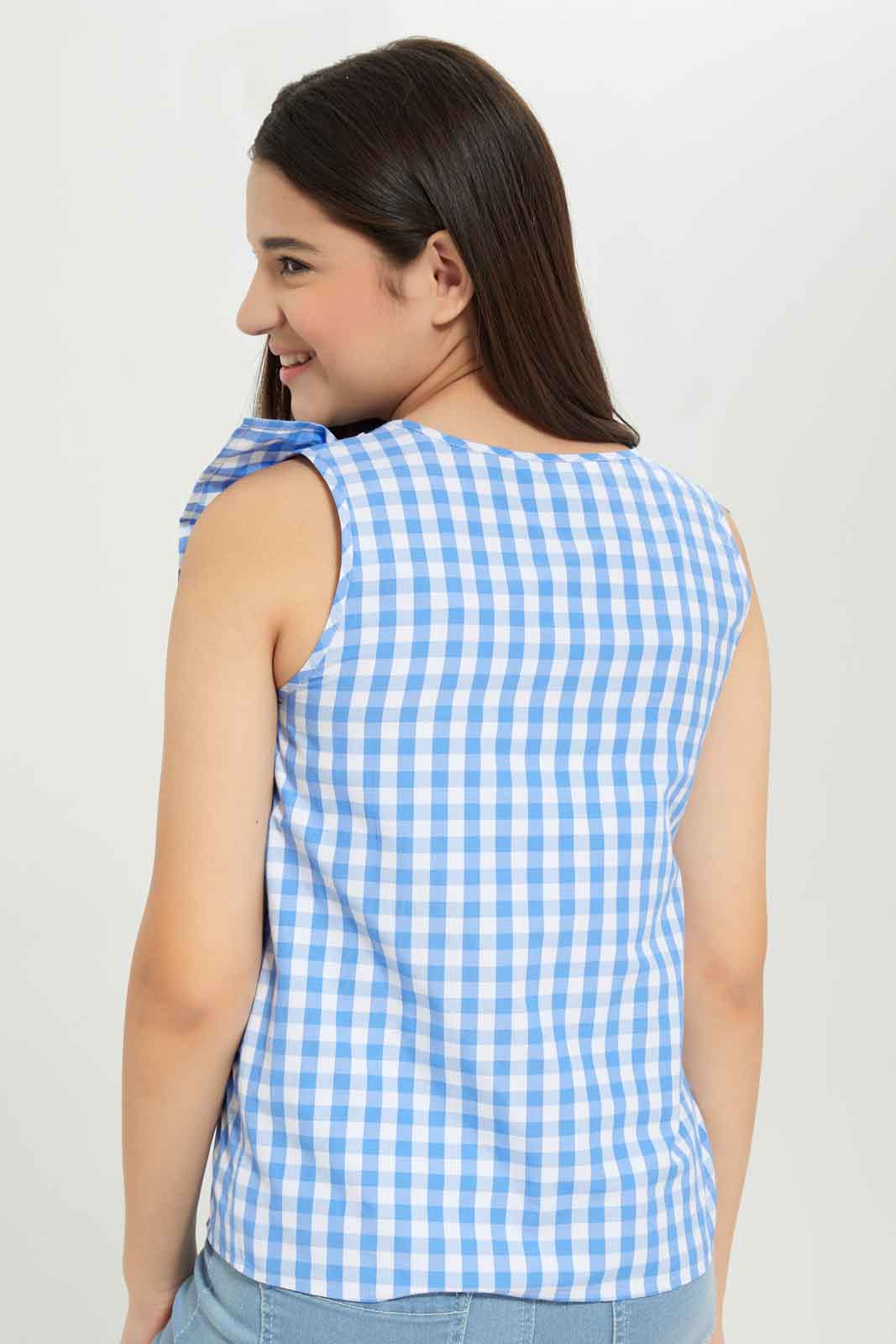 Redtag-Girls-Blue/White-Ruffled-Gingham-Checks-Front-Tie-Blouse-Category:Blouses,-Colour:Blue,-Deals:New-In,-Dept:Girls,-Filter:Senior-Girls-(8-to-14-Yrs),-GSR-Blouses,-New-In-GSR-APL,-Non-Sale,-S23C,-Section:Girls-(0-to-14Yrs)-Senior-Girls-9 to 14 Years