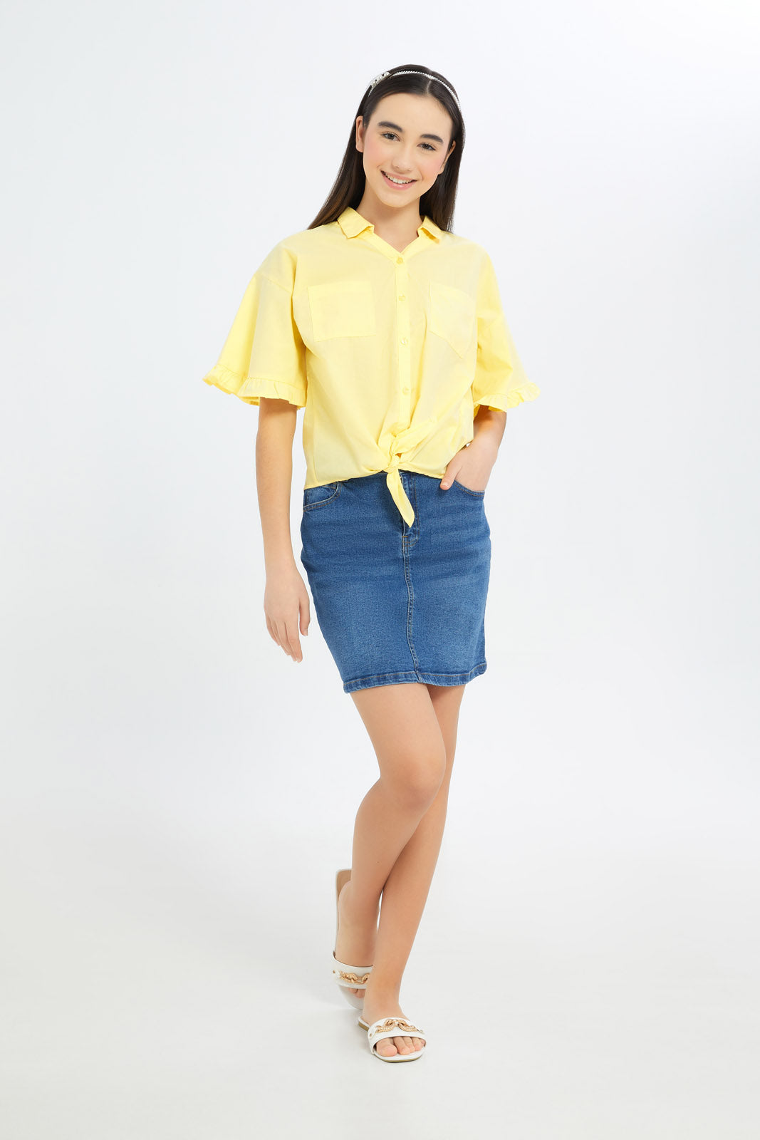 Redtag-Girls-Yellow-Ruffled-Sleeve-Front-Tie-Blouse-Category:Blouses,-Colour:Assorted,-Deals:New-In,-Dept:Girls,-Filter:Senior-Girls-(8-to-14-Yrs),-GSR-Blouses,-H1:KWR,-H2:GSR,-H3:BLO,-H4:CBL,-New-In-GSR-APL,-Non-Sale,-S23C,-Season:S23C,-Section:Girls-(0-to-14Yrs)-Senior-Girls-9 to 14 Years