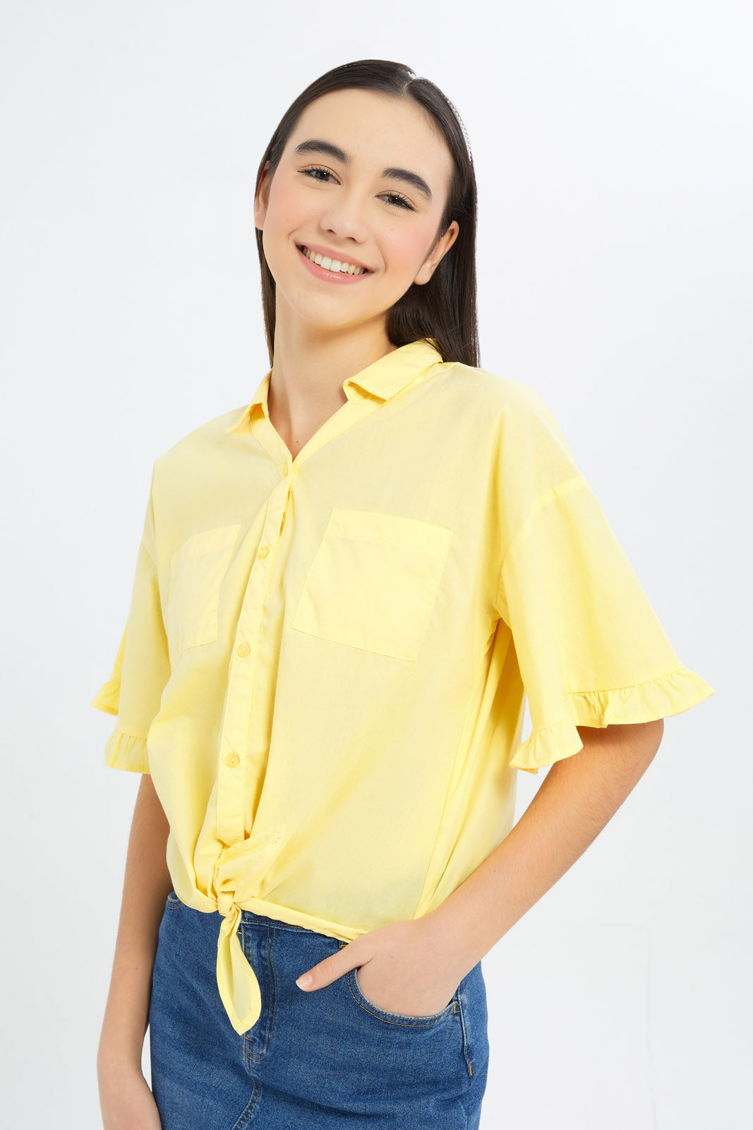 Redtag-Girls-Yellow-Ruffled-Sleeve-Front-Tie-Blouse-Category:Blouses,-Colour:Assorted,-Deals:New-In,-Dept:Girls,-Filter:Senior-Girls-(8-to-14-Yrs),-GSR-Blouses,-H1:KWR,-H2:GSR,-H3:BLO,-H4:CBL,-New-In-GSR-APL,-Non-Sale,-S23C,-Season:S23C,-Section:Girls-(0-to-14Yrs)-Senior-Girls-9 to 14 Years