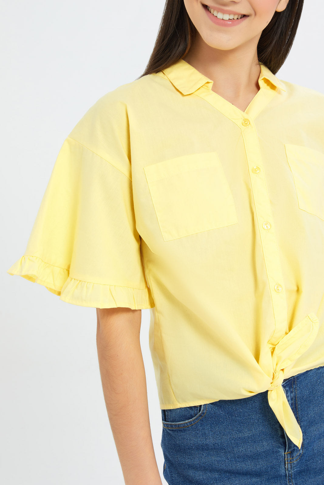 Redtag-Girls-Yellow-Ruffled-Sleeve-Front-Tie-Blouse-Category:Blouses,-Colour:Assorted,-Deals:New-In,-Dept:Girls,-Filter:Senior-Girls-(8-to-14-Yrs),-GSR-Blouses,-H1:KWR,-H2:GSR,-H3:BLO,-H4:CBL,-New-In-GSR-APL,-Non-Sale,-S23C,-Season:S23C,-Section:Girls-(0-to-14Yrs)-Senior-Girls-9 to 14 Years