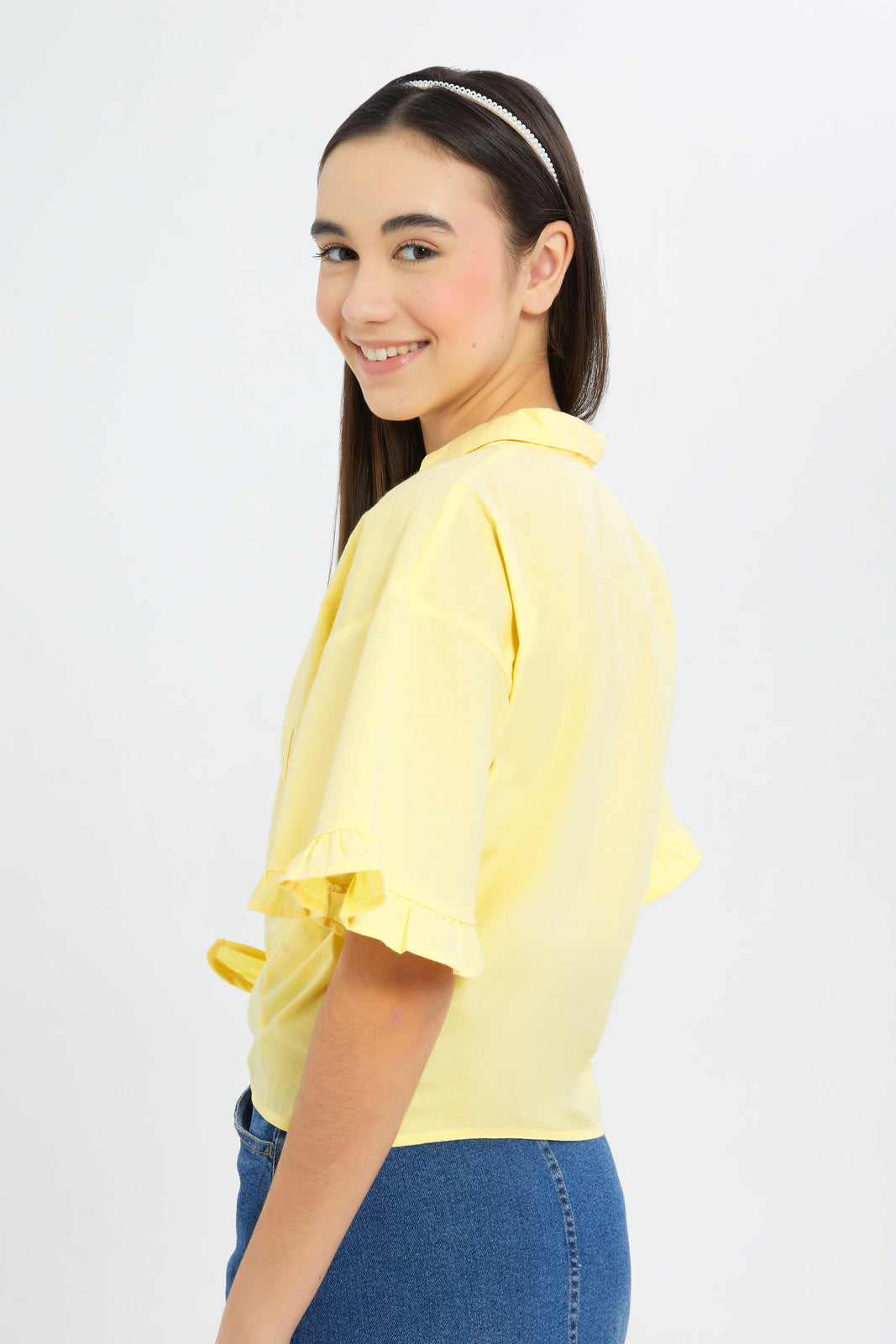 Redtag-Girls-Yellow-Ruffled-Sleeve-Front-Tie-Blouse-Category:Blouses,-Colour:Assorted,-Deals:New-In,-Dept:Girls,-Filter:Senior-Girls-(8-to-14-Yrs),-GSR-Blouses,-H1:KWR,-H2:GSR,-H3:BLO,-H4:CBL,-New-In-GSR-APL,-Non-Sale,-S23C,-Season:S23C,-Section:Girls-(0-to-14Yrs)-Senior-Girls-9 to 14 Years