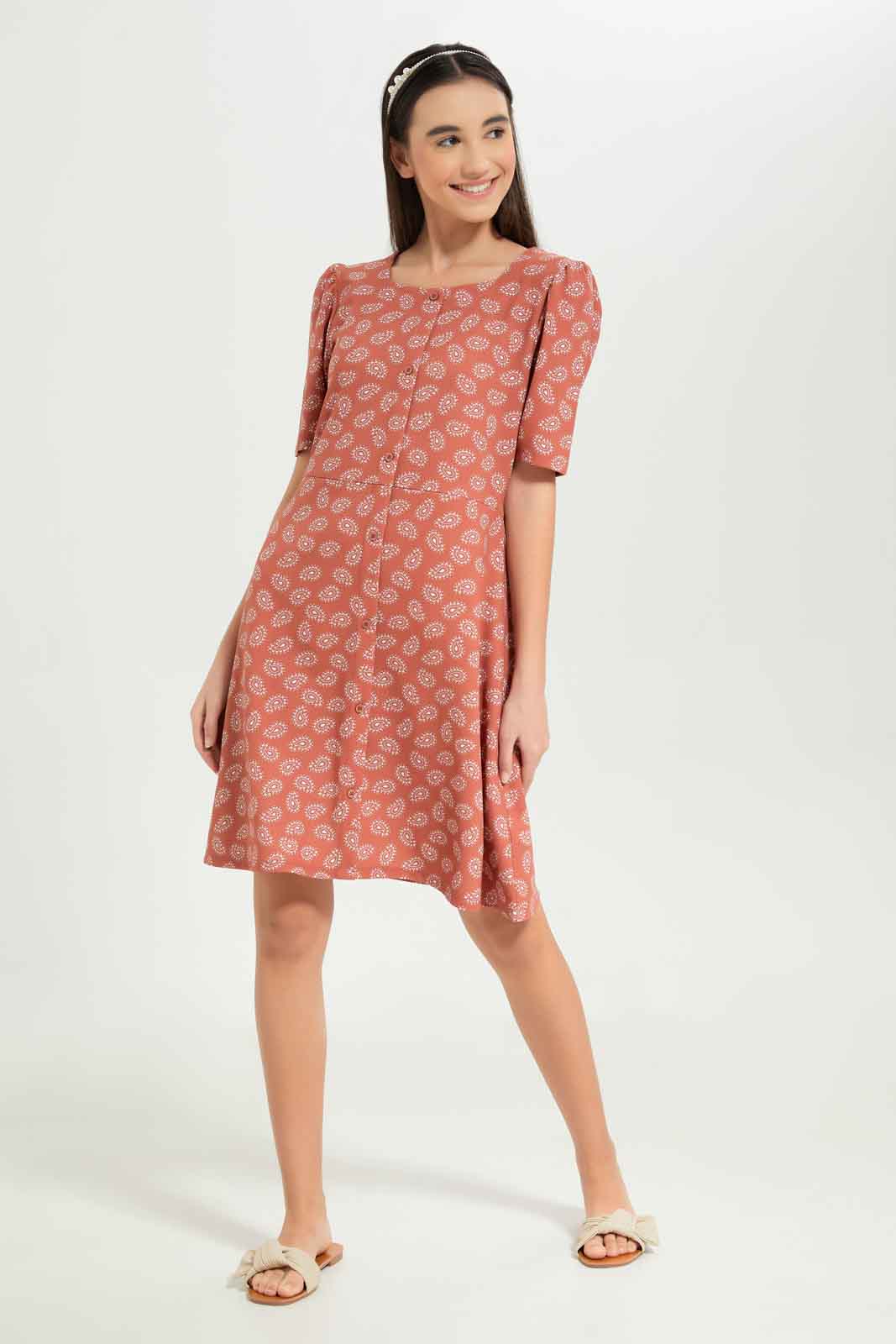 Redtag-Girls-Rust/White-Paisley-Front-Placket-Dress-Category:Dresses,-Colour:Orange,-Deals:New-In,-Dept:Girls,-Filter:Senior-Girls-(8-to-14-Yrs),-GSR-Dresses,-New-In-GSR-APL,-Non-Sale,-S23B,-Section:Girls-(0-to-14Yrs)-Senior-Girls-9 to 14 Years