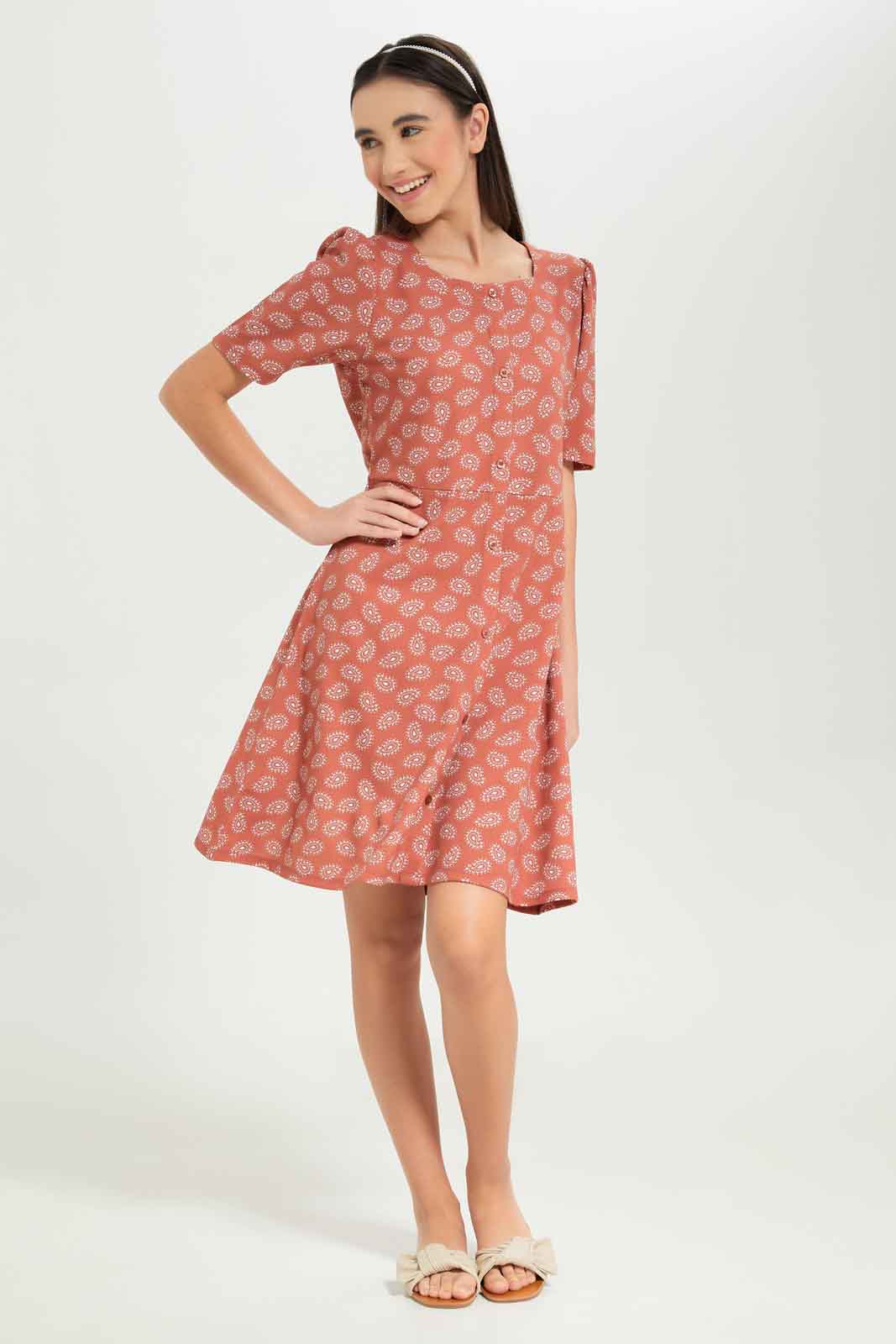 Redtag-Girls-Rust/White-Paisley-Front-Placket-Dress-Category:Dresses,-Colour:Orange,-Deals:New-In,-Dept:Girls,-Filter:Senior-Girls-(8-to-14-Yrs),-GSR-Dresses,-New-In-GSR-APL,-Non-Sale,-S23B,-Section:Girls-(0-to-14Yrs)-Senior-Girls-9 to 14 Years