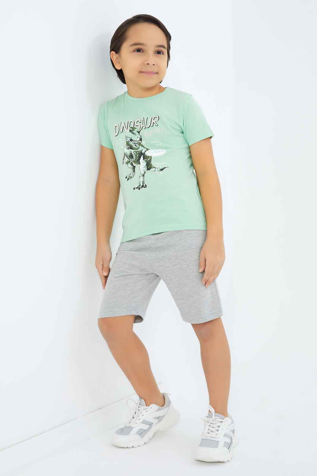 Redtag-Boys-Olive-Dino-Print-BOY-T-Shirts,-Category:T-Shirts,-CHA,-Colour:Green,-Deals:New-In,-Dept:Boys,-Filter:Boys-(2-to-8-Yrs),-New-In-BOY-APL,-Non-Sale,-S23B,-Section:Boys-(0-to-14Yrs),-VLM-Boys-2 to 8 Years