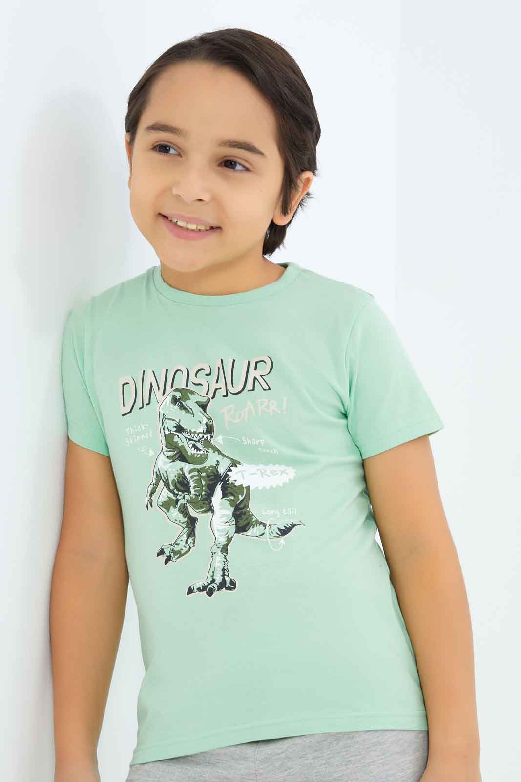 Redtag-Boys-Olive-Dino-Print-BOY-T-Shirts,-Category:T-Shirts,-CHA,-Colour:Green,-Deals:New-In,-Dept:Boys,-Filter:Boys-(2-to-8-Yrs),-New-In-BOY-APL,-Non-Sale,-S23B,-Section:Boys-(0-to-14Yrs),-VLM-Boys-2 to 8 Years