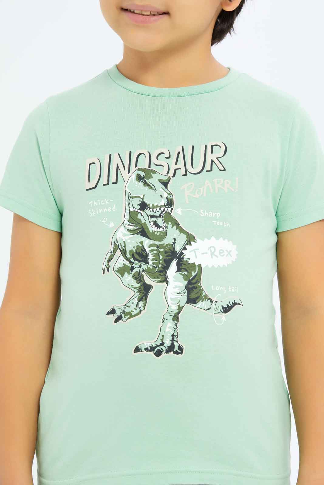 Redtag-Boys-Olive-Dino-Print-BOY-T-Shirts,-Category:T-Shirts,-CHA,-Colour:Green,-Deals:New-In,-Dept:Boys,-Filter:Boys-(2-to-8-Yrs),-New-In-BOY-APL,-Non-Sale,-S23B,-Section:Boys-(0-to-14Yrs),-VLM-Boys-2 to 8 Years
