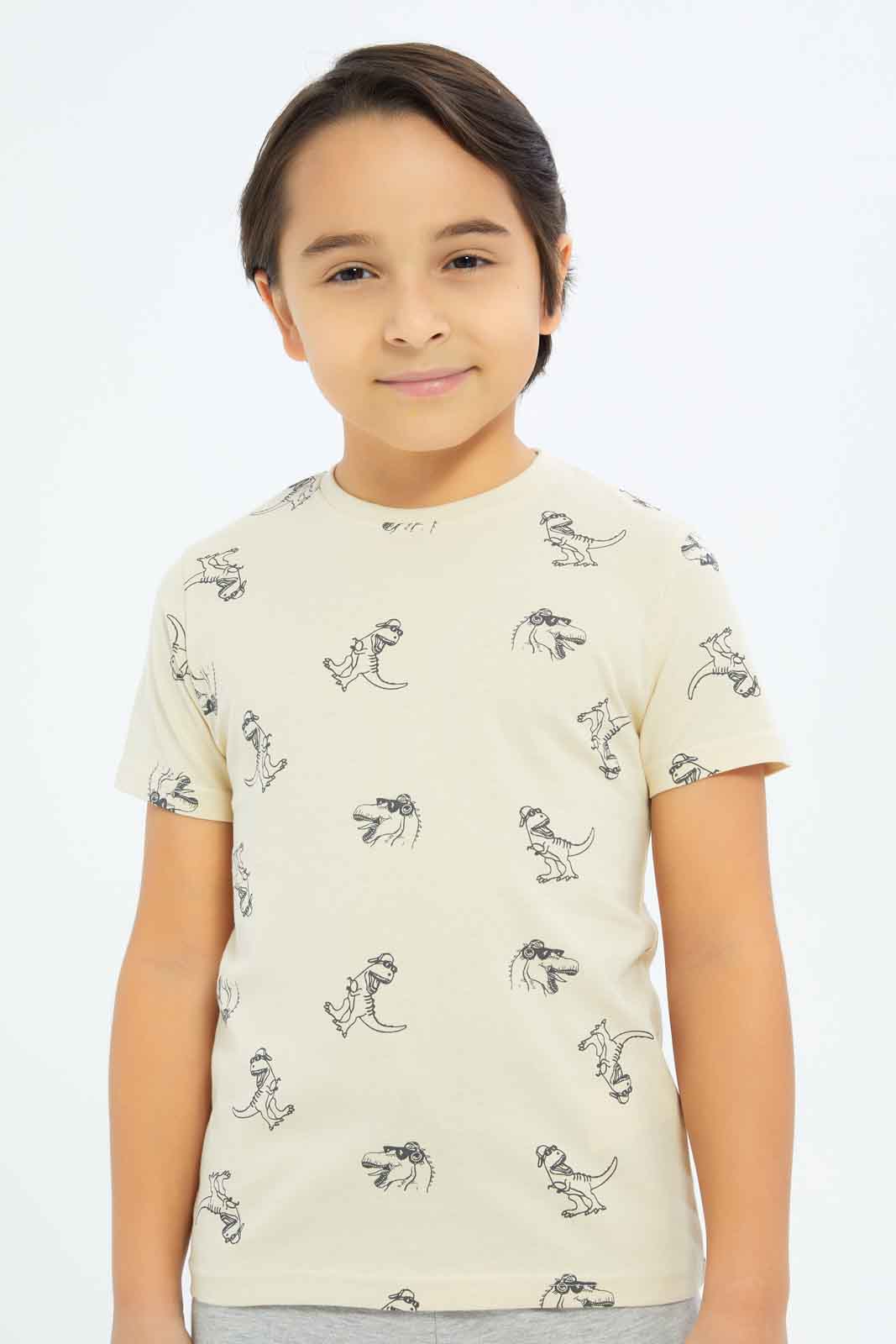 Redtag-Boys-Olive-Dino-Print-BOY-T-Shirts,-Category:T-Shirts,-CHA,-Colour:Green,-Deals:New-In,-Dept:Boys,-Filter:Boys-(2-to-8-Yrs),-New-In-BOY-APL,-Non-Sale,-S23B,-Section:Boys-(0-to-14Yrs),-VLM-Boys-2 to 8 Years