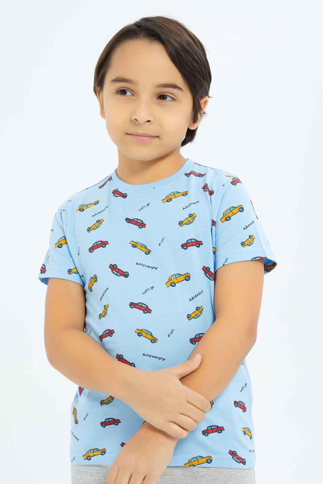 Redtag-Boys-Black-Car-Print-BOY-T-Shirts,-Category:T-Shirts,-CHA,-Colour:Black,-Deals:New-In,-Dept:Boys,-Filter:Boys-(2-to-8-Yrs),-New-In-BOY-APL,-Non-Sale,-S23B,-Section:Boys-(0-to-14Yrs),-VLM-Boys-2 to 8 Years