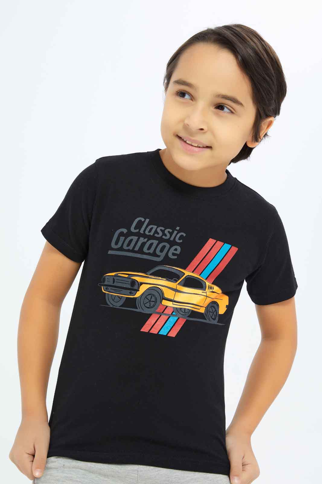 Redtag-Boys-Black-Car-Print-BOY-T-Shirts,-Category:T-Shirts,-CHA,-Colour:Black,-Deals:New-In,-Dept:Boys,-Filter:Boys-(2-to-8-Yrs),-New-In-BOY-APL,-Non-Sale,-S23B,-Section:Boys-(0-to-14Yrs),-VLM-Boys-2 to 8 Years